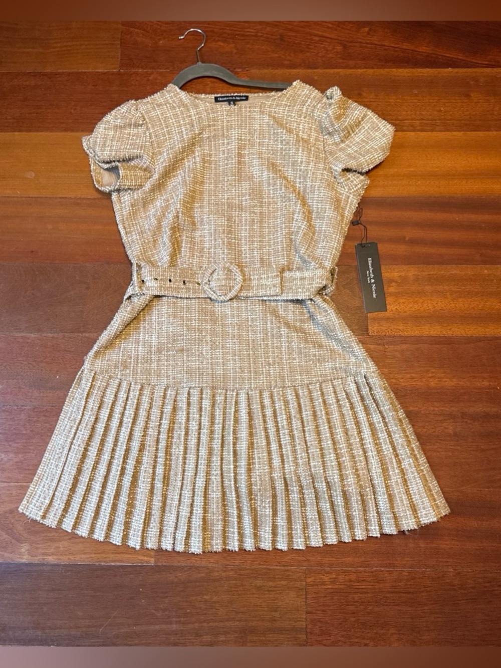Metallic Gold Pleated Mini Dress with Belt